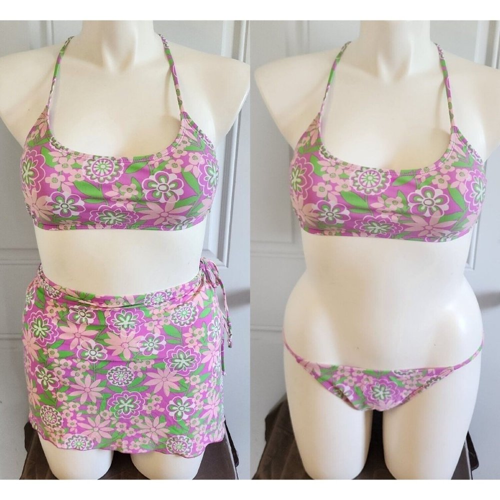 Cabana Del Sol Women's 3 Piece Bikini Swimsuit Set With Skirt Purple Floral Sz L